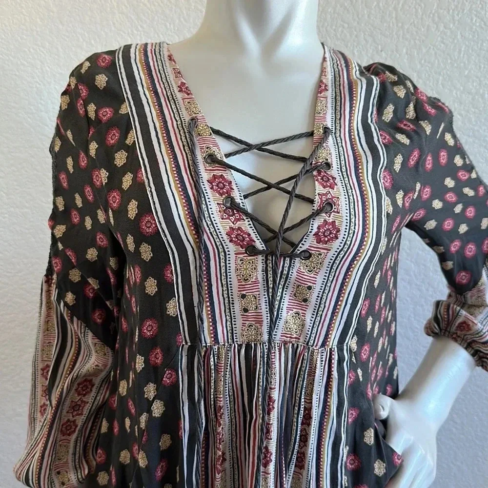 Free People Rain or Shine Pebble Bohemian Lace-Up Tunic Mini Dress Women Sz XS